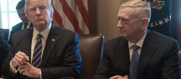 US President Donald Trump prepares to speak to the press before he meets with his cabinet in the Cabinet Room at the White House in Washington, DC, on March 13, 2017, as Defense Secretary James Mattis looks on - Sputnik International