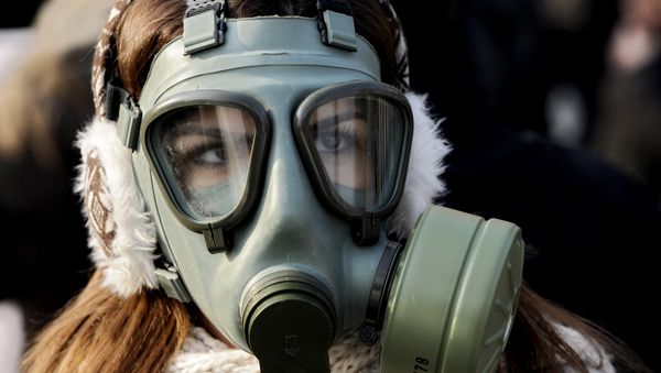 A woman wearing a gas mask participates in a protest against air pollution in Skopje, Macedonia, on Saturday, Dec. 21, 2013. - Sputnik International