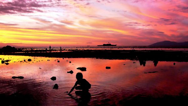 An East Timorese child collects shells to make necklaces on a beach as an Australian navy ship patrols along the shore in Dili (File) - Sputnik International