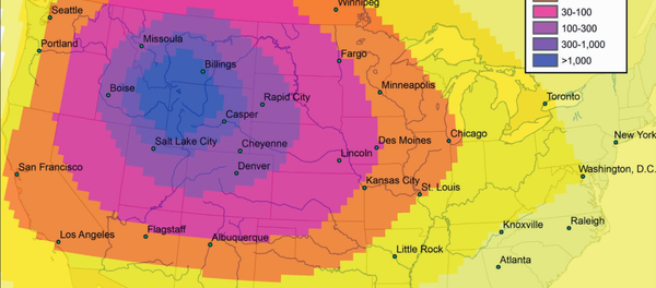 Image detailing thickness of projected ash fallout in millimeters in the event of a large-scale eruption of the Yellowstone Supervolcano. - Sputnik International