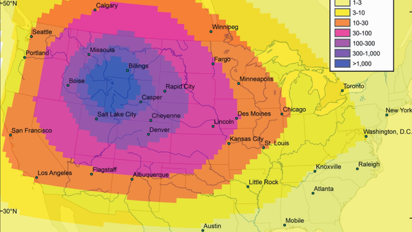 Image detailing thickness of projected ash fallout in millimeters in the event of a large-scale eruption of the Yellowstone Supervolcano. - Sputnik International