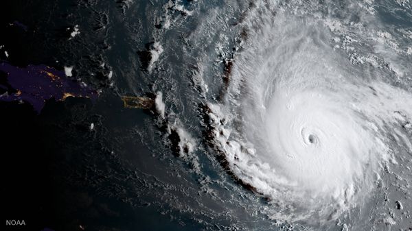 In this geocolor image captured by GOES-16 and released by the National Oceanic and Atmospheric Administration (NOAA), Hurricane Irma, a potentially catastrophic category 5 hurricane, moves westward, Tuesday morning, Sept. 5, 2017, in the Atlantic Ocean toward the Leeward Islands. In this geocolor image captured by GOES-16 and released by the National Oceanic and Atmospheric Administration (NOAA), Hurricane Irma, a potentially catastrophic category 5 hurricane, moves westward, Tuesday morning, Sept. 5, 2017, in the Atlantic Ocean toward the Leeward Islands. - Sputnik International