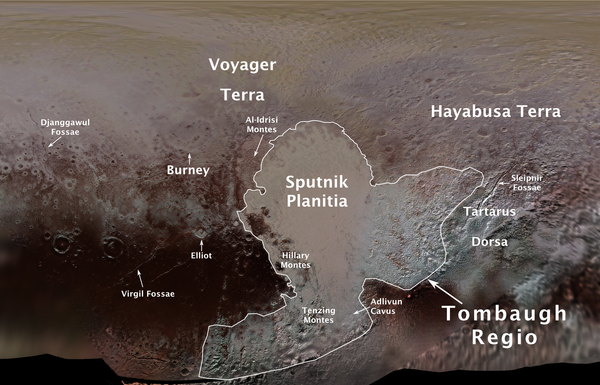 Pluto’s first official surface-feature names are marked on this map, compiled from images and data gathered by NASA’s New Horizons spacecraft during its flight through the Pluto system in 2015. - Sputnik International