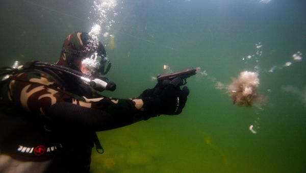 Firing a GSh-18 underwater pistol during an exercise at Baikal. Russian MHA's internal troop divers train at the Severobaikalsk marine training center - Sputnik International