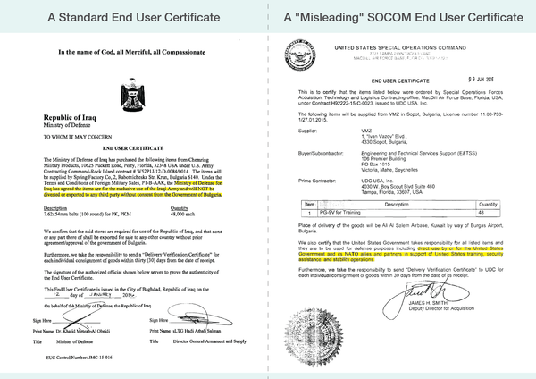 The Iraqi end user certificate on the left clearly states the ammunition’s final destination. The SOCOM document on the right leaves the end user open and has been described as misleading by an Amnesty International expert The Iraqi end user certificate on the left clearly states the ammunition’s final destination. The SOCOM document on the right leaves the end user open and has been described as misleading by an Amnesty International expert - Sputnik International
