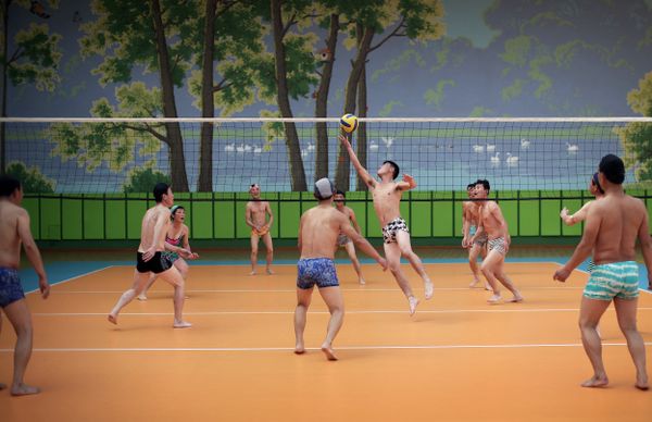 North Koreans dressed in their swim suits play a round of volleyball at the Munsu water park on Tuesday, Dec. 1, 2015, in Pyongyang, North Korea - Sputnik International