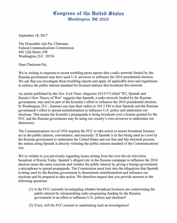House of Representatives Open Letter to Chairman of the Federal Communications Commission House of Representatives Open Letter to Chairman of the Federal Communications Commission - Sputnik International