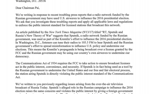 House of Representatives Open Letter to Chairman of the Federal Communications Commission House of Representatives Open Letter to Chairman of the Federal Communications Commission - Sputnik International