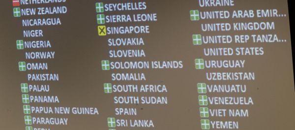 A detail of the video board showing the votes in favor, against and the abstention is seen after a vote by the conference to adopt a legally binding instrument to prohibit nuclear weapons, leading towards their total elimination, Friday, July 7, 2017 at United Nations headquarters. - Sputnik International
