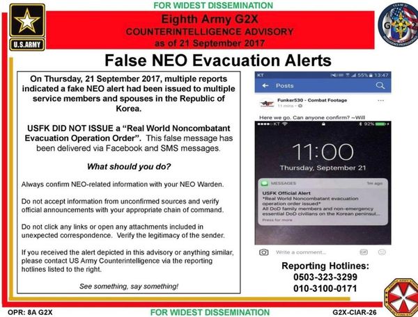 Message posted by Eighth Army warns personnel against false evacuation orders Message posted by Eighth Army warns personnel against false evacuation orders - Sputnik International
