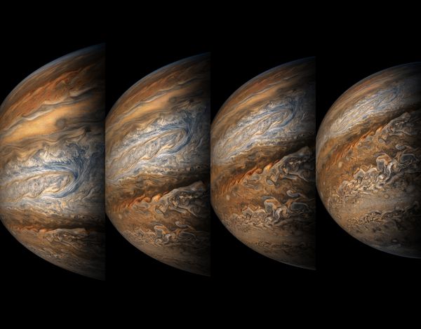 This series of enhanced-color images shows Jupiter up close and personal, as NASA’s Juno spacecraft performed its eighth flyby of the gas giant planet. The images were obtained by JunoCam. This series of enhanced-color images shows Jupiter up close and personal, as NASA’s Juno spacecraft performed its eighth flyby of the gas giant planet. The images were obtained by JunoCam. - Sputnik International