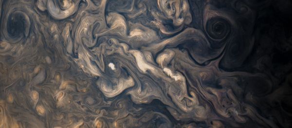 Jupiter's stormy atmosphere, photographed by Juno's JunoCam during the probe's eighth flyby. Jupiter's stormy atmosphere, photographed by Juno's JunoCam during the probe's eighth flyby. - Sputnik International