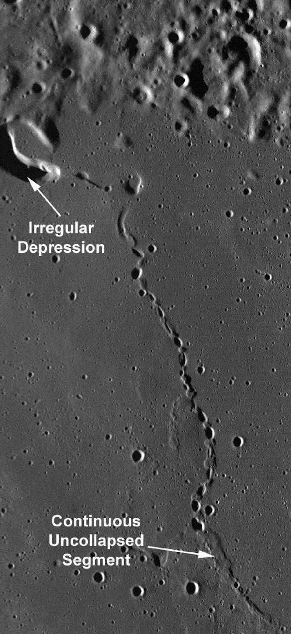 Sinuous chain of collapse pits transitioning into a continuous uncollapsed segment of a lunar lava tube Sinuous chain of collapse pits transitioning into a continuous uncollapsed segment of a lunar lava tube - Sputnik International