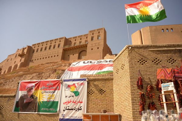 Banners calling for voting in a referendum on Iraqi Kurdistan independence from Baghdad in Erbil - Sputnik International