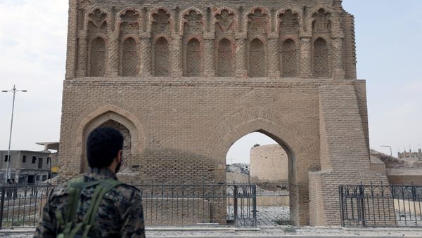 A fighter from Syrian Democratic Forces (SDF) stands near the Baghdad gate in Raqqa, Syria September 16, 2017. - Sputnik International