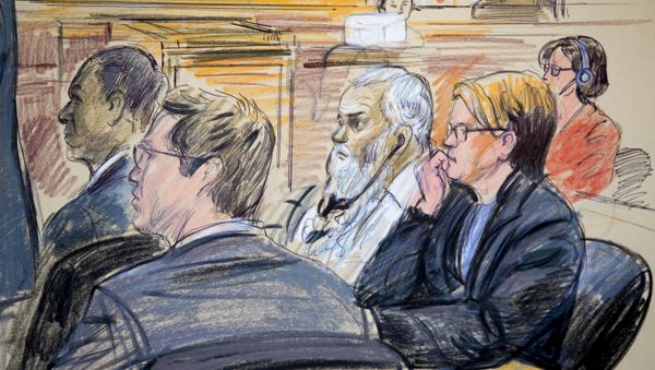 This courtroom sketch shows Ahmed Abu Khattala, third from right, listening to an interpreter through earphones during the opening statement by his defense attorney Jeffery Robinson in federal court in Washington Monday, Oct. 2, 2017. Khattala, the suspected mastermind of the 2012 attacks on a diplomatic compound in Benghazi, Libya, that killed four Americans, is on trial. Also depicted are members of the defense team Cole Lutermilch, left, and Michelle Peterson, second from right. This courtroom sketch shows Ahmed Abu Khattala, third from right, listening to an interpreter through earphones during the opening statement by his defense attorney Jeffery Robinson in federal court in Washington Monday, Oct. 2, 2017. Khattala, the suspected mastermind of the 2012 attacks on a diplomatic compound in Benghazi, Libya, that killed four Americans, is on trial. Also depicted are members of the defense team Cole Lutermilch, left, and Michelle Peterson, second from right. - Sputnik International
