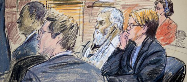 This courtroom sketch shows Ahmed Abu Khattala, third from right, listening to an interpreter through earphones during the opening statement by his defense attorney Jeffery Robinson in federal court in Washington Monday, Oct. 2, 2017. Khattala, the suspected mastermind of the 2012 attacks on a diplomatic compound in Benghazi, Libya, that killed four Americans, is on trial. Also depicted are members of the defense team Cole Lutermilch, left, and Michelle Peterson, second from right. - Sputnik International