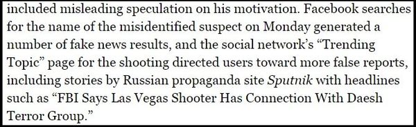 An excerpt from the Forbes article Facebook And Google Still Have A 'Fake News' Problem, Las Vegas Shooting Reveals by Kathleen Chaykowski , which erroneously accuses Sputnik of false reporting An excerpt from the Forbes article Facebook And Google Still Have A 'Fake News' Problem, Las Vegas Shooting Reveals by Kathleen Chaykowski , which erroneously accuses Sputnik of false reporting - Sputnik International