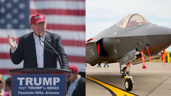 Donald Trump speaking at a campaign rally (photo by Gage Skidmore from WikiMedia Commons) juxtaposed with an F-35 Joint Strike Fighter. - Sputnik International