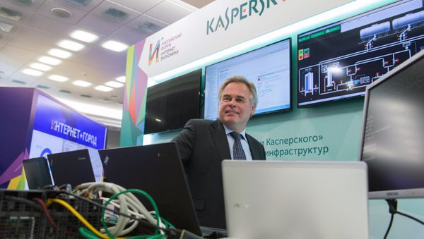 December 22, 2015. Head of Kaspersky Lab Yevgeny Kaspersky near the Lab's stand during the exhibition of Russia's first Internet Economy Forum - Sputnik International
