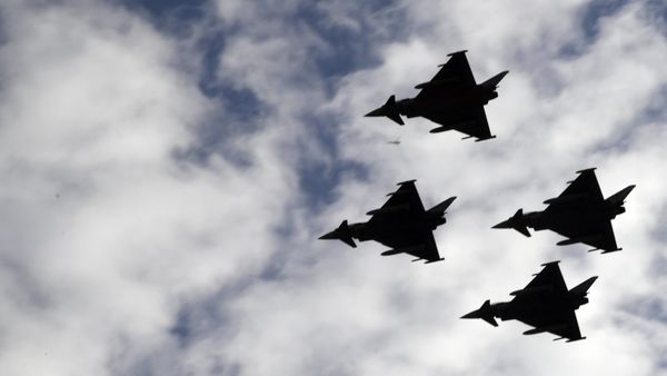 Spanish Eurofighter planes fly during the Spanish National Day military parade in Madrid - Sputnik International