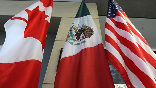 The Mexican, US and the Canadian flags sit in the lobby where the third round of the NAFTA renegotiations are taking place in Ottawa, Ontario, September 24, 2017 The Mexican, US and the Canadian flags sit in the lobby where the third round of the NAFTA renegotiations are taking place in Ottawa, Ontario, September 24, 2017 - Sputnik International