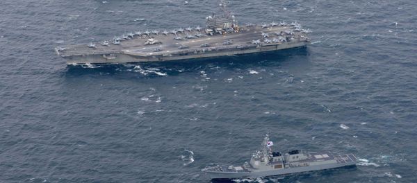 The Navy's forward-deployed aircraft carrier USS Ronald Reagan and the forward-deployed Arleigh Burke-class destroyer USS Stethem steam alongside ships from the Republic of Korea Navy in the waters east of the Korean Peninsula on October 18, 2017 - Sputnik International