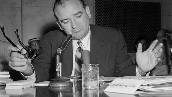 Sen. Joe McCarthy gestures as he indicates he is not impressed with an answer by Army Secretary Robert Stevens during a hearing, May 3, 1954. - Sputnik International