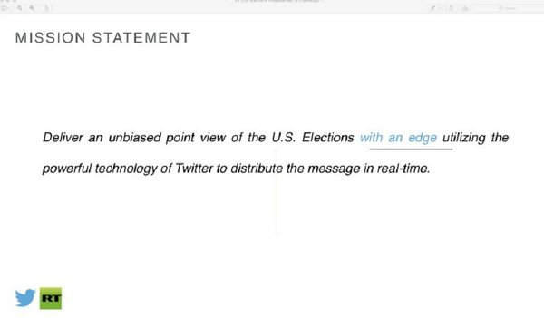 Slide 7, featuring Twitter's custom-made mission statement for RT's US elections coverage - Sputnik International