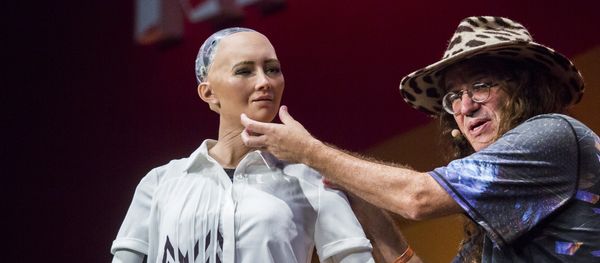 Chief scientist of Hanson Robotics, Ben Goertzel (R), describes to the audience what Sophia the Robot (L) is made of during a discussion about the future of humanity in a demonstration of artificial intelligence (AI) by Hanson Robotics at the RISE Technology Conference in Hong Kong on July 12, 2017 - Sputnik International