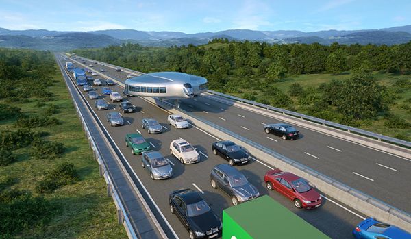 A gyrotrain, envisioned by Russian engineer Dahir Semyonov, riding high above a busy highway. A gyrotrain, envisioned by Russian engineer Dahir Semyonov, riding high above a busy highway. - Sputnik International