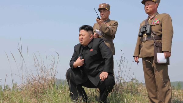 North Korean leader Kim Jong Un (C) guides the multiple-rocket launching drill of women's sub-units under KPA Unit 851, in this undated photo released by North Korea's Korean Central News Agency (KCNA) April 24, 2014 - Sputnik International