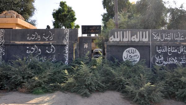 A picture taken on October 20, 2017, shows Islamic State group writting on a wall in the recently seized strategic Syrian town of Mayadeen - Sputnik International