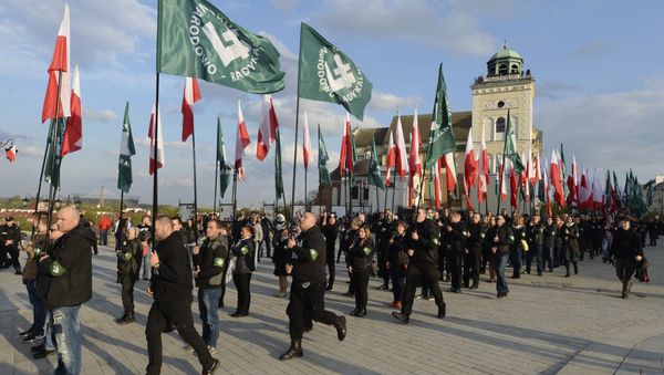 April 29, 2017 shows members of the far-right group, the National-Radical Camp, marking the 83rd anniversary of their organization, in Warsaw, Poland. Warsaw's Jewish community urged the country's most powerful politician, Jaroslaw Kaczynski, to denounce growing anti-Semitism, while other organizations on Thursday, Aug. 10, 2017 warned they witness a rise of extreme right-wing violence. - Sputnik International