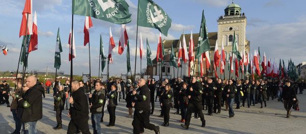 April 29, 2017 shows members of the far-right group, the National-Radical Camp, marking the 83rd anniversary of their organization, in Warsaw, Poland. Warsaw's Jewish community urged the country's most powerful politician, Jaroslaw Kaczynski, to denounce growing anti-Semitism, while other organizations on Thursday, Aug. 10, 2017 warned they witness a rise of extreme right-wing violence. - Sputnik International
