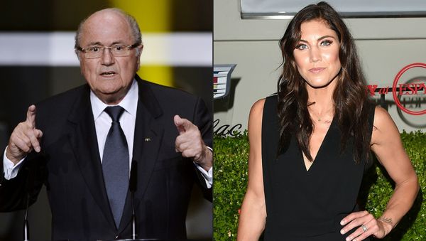 This combination of pictures created on November 11, 2017 shows FIFA then President Joseph Blatter (L) speaking at the start of the FIFA Ballon d'Or awards ceremony at the Kongresshaus in Zurich on January 7, 2013 and USA women's national football team goalkeeper Hope Solo attending BODY at ESPYs at Milk Studios on July 14, 2015 in Hollywood, California - Sputnik International