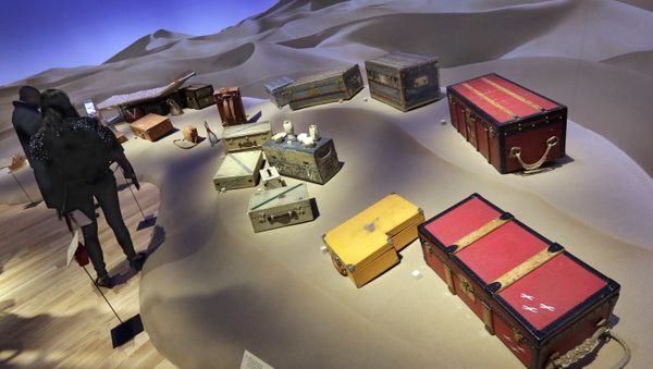 Expedition trunks, including a 1929 special photographer's trunk in Vuittonite canvas, foreground right, are displayed as part of the Volez, Voguez, Voyagez, Louis Vuitton exhibit, in the former American Stock Exchange building, in New York Financial District, Monday, Nov. 6, 2017 - Sputnik International