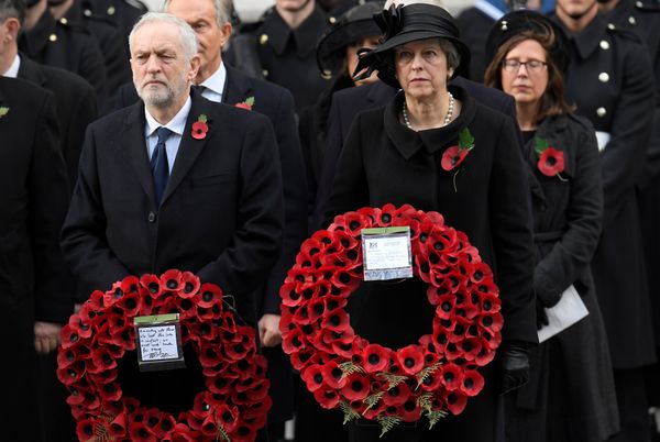 Britain's Prime Minister Theresa May and Leader of the opposition Labour Party Jeremy Corbyn wait to lay wreathes at the Remembrance Sunday Cenotaph service in London, Britain, November 12, 2017 Britain's Prime Minister Theresa May and Leader of the opposition Labour Party Jeremy Corbyn wait to lay wreathes at the Remembrance Sunday Cenotaph service in London, Britain, November 12, 2017 - Sputnik International