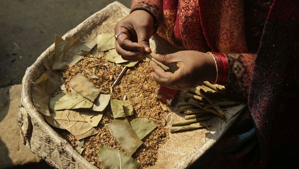 An Indian woman rolls bidis, or shredded tobacco hand-rolled, at a cottage industry on the outskirts of Allahabad, India, Tuesday, Jan. 17, 2017 - Sputnik International