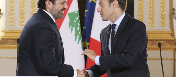 In this Sept. 1 2017 file photo, French President Emmanuel Macron, right, shakes hands with Lebanese Prime Minister Saad Hariri during a joint press conference at the Elysee Palace in Paris. In this Sept. 1 2017 file photo, French President Emmanuel Macron, right, shakes hands with Lebanese Prime Minister Saad Hariri during a joint press conference at the Elysee Palace in Paris. - Sputnik International