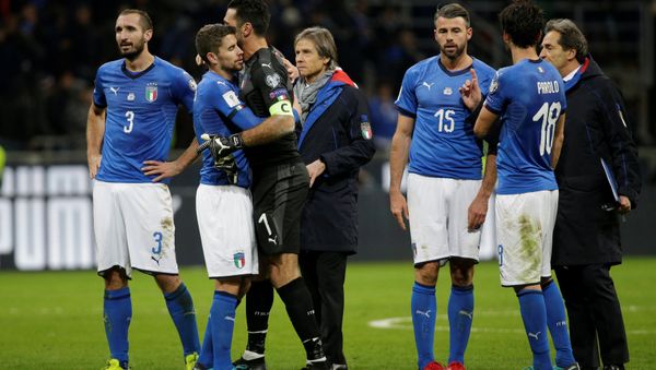 2018 World Cup Qualifications - Europe - Italy vs Sweden - San Siro, Milan, Italy - November 13, 2017 Italy’s Giorgio Chiellini, Gianluigi Buffon and Andrea Barzagli look dejected after the match 2018 World Cup Qualifications - Europe - Italy vs Sweden - San Siro, Milan, Italy - November 13, 2017 Italy’s Giorgio Chiellini, Gianluigi Buffon and Andrea Barzagli look dejected after the match - Sputnik International