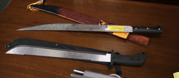 Weapons on display at the U.S. Attorney's office following the arrests of gang members in Boston, Friday, Jan. 29, 2016. Authorities say they have charged 56 members of the MS-13 gang in and around Boston. The gang is notoriously violent and known for using machetes to kill victims. According to court documents, in 2012, MS-13 became the first and remains the only street gang to be designated by the U.S. government as a transnational criminal organization. Weapons on display at the U.S. Attorney's office following the arrests of gang members in Boston, Friday, Jan. 29, 2016. Authorities say they have charged 56 members of the MS-13 gang in and around Boston. The gang is notoriously violent and known for using machetes to kill victims. According to court documents, in 2012, MS-13 became the first and remains the only street gang to be designated by the U.S. government as a transnational criminal organization. - Sputnik International