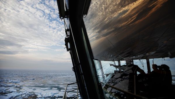 Nigel Greenwood, assistant ice navigator, left, talks with second officer Ilkka Alhoke on the bridge of the Finnish icebreaker MSV Nordica as they sail through sea ice while traversing the Northwest Passage in the Canadian Arctic Archipelago, Saturday, July 22, 2017. - Sputnik International
