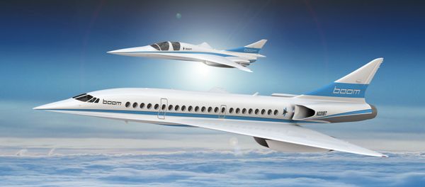 An artist's impression shows Boom's 55-seat supersonic aircraft (below) and Boom's XB-1 supersonic demonstrator in this undated handout obtained by Reuters December 4, 2017. - Sputnik International