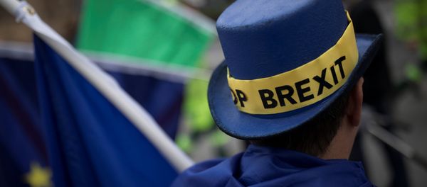 An Anti-Brexit protestor's hat displays the words 'Stop Brexit' as he stands outside the Houses of Parliament in London, Britain December 5, 2017. An Anti-Brexit protestor's hat displays the words 'Stop Brexit' as he stands outside the Houses of Parliament in London, Britain December 5, 2017. - Sputnik International