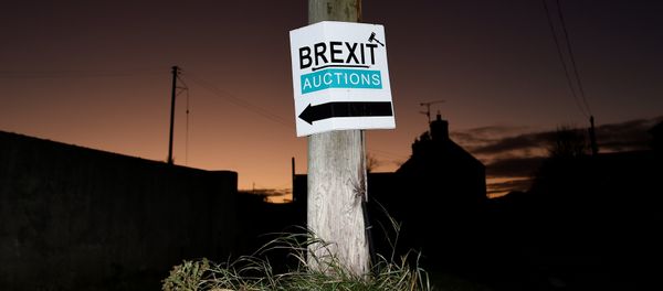 A sign for a Brexit auction is seen at sunset in the border town of Jonesborough, Northern Ireland, November 29, 2017 A sign for a Brexit auction is seen at sunset in the border town of Jonesborough, Northern Ireland, November 29, 2017 - Sputnik International