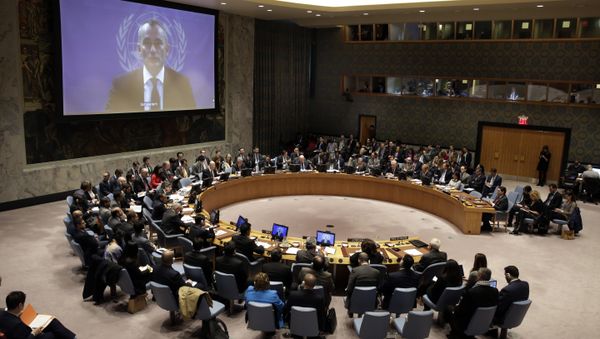 United Nations Special Coordinator for the Middle East Peace Process Nikolay Mladenov, on screen, addresses the Security Council, from Jerusalem, at United Nations headquarters, Friday, Dec. 8, 2017. United Nations Special Coordinator for the Middle East Peace Process Nikolay Mladenov, on screen, addresses the Security Council, from Jerusalem, at United Nations headquarters, Friday, Dec. 8, 2017. - Sputnik International