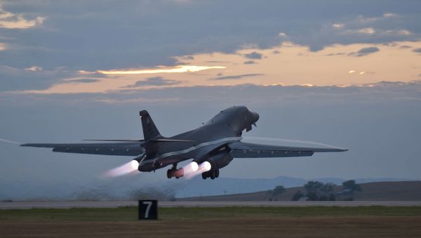 This July 24, 2012 photo provided by the U.S. Air Force shows a B-1 bomber rumbling down the flightline at Ellsworth Air Force Base, S.D., as part of a training mission - Sputnik International
