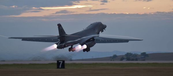 This July 24, 2012 photo provided by the U.S. Air Force shows a B-1 bomber rumbling down the flightline at Ellsworth Air Force Base, S.D., as part of a training mission This July 24, 2012 photo provided by the U.S. Air Force shows a B-1 bomber rumbling down the flightline at Ellsworth Air Force Base, S.D., as part of a training mission - Sputnik International