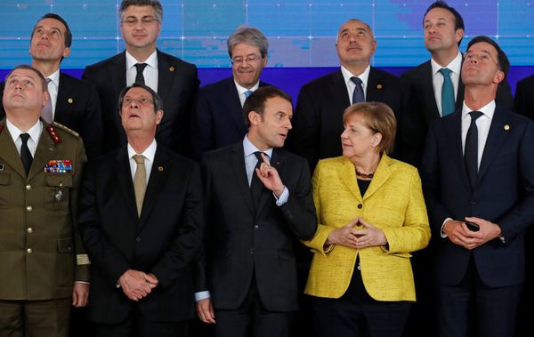Cyprus President Nicos Anastasiades, French President Emmanuel Macron, German Chancellor Angela Merkel and Dutch Prime Minister Mark Rutte take part in a group photo on the launching of the Permanent Structured Cooperation, or PESCO, a pact between 25 EU governments to fund, develop and deploy armed forces together, during a EU summit in Brussels, Belgium, December 14, 2017 Cyprus President Nicos Anastasiades, French President Emmanuel Macron, German Chancellor Angela Merkel and Dutch Prime Minister Mark Rutte take part in a group photo on the launching of the Permanent Structured Cooperation, or PESCO, a pact between 25 EU governments to fund, develop and deploy armed forces together, during a EU summit in Brussels, Belgium, December 14, 2017 - Sputnik International